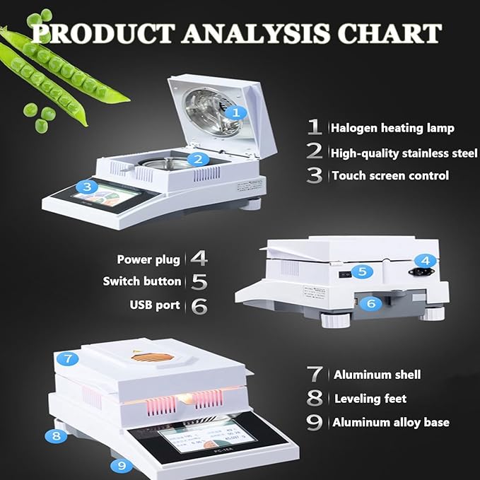 100g/50g Lab Moisture Analyzer 5.5 Inch Digital Display Halogen Moisture Meter with 100mm Stainless Steel Weighing Pan 0.01% Readability&ampAutomatic Fault Detection 3 Drying Modes for Grain Fe