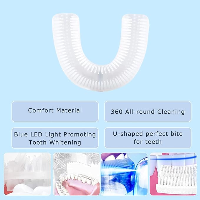 Ultrasonic Electric Toothbrush Adults Automatic Toothbrush U Shaped Whole Mouth 360° Cleaning Teeth Whitening Hands Free Rechargeable IPX7 Waterproof