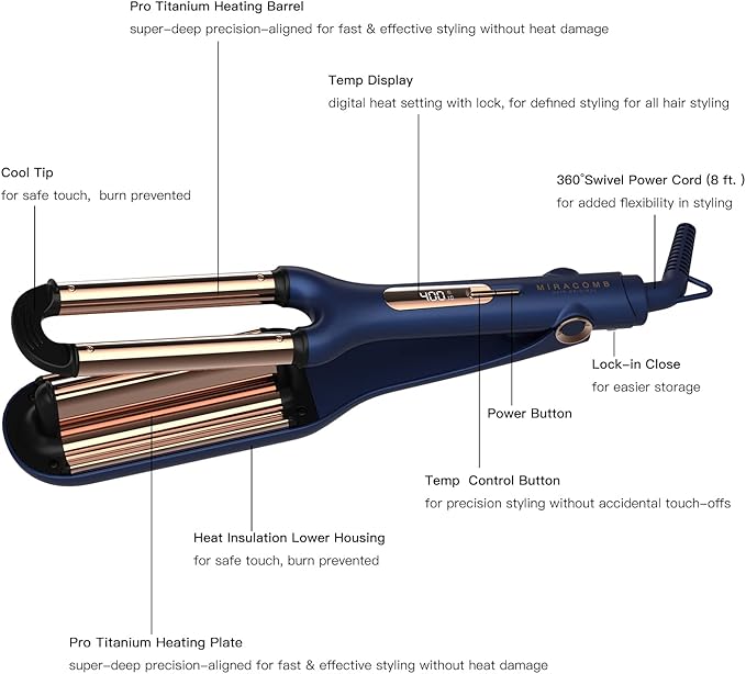 MIRACOMB Titanium Deep Waver Iron Ion Technology Digital Heat Settings Auto Off Dual Voltage (12.2 inches Wavy Hair Hair Waver)