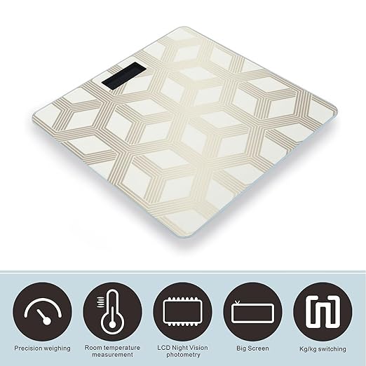 Hexa Geometric Cream Gold Scale for Body Weight Anti-Slip Sturdy Tempered Glass Weighing Machine Highly Digital Accurate Bright LCD Bathroom Scale for Household Gift