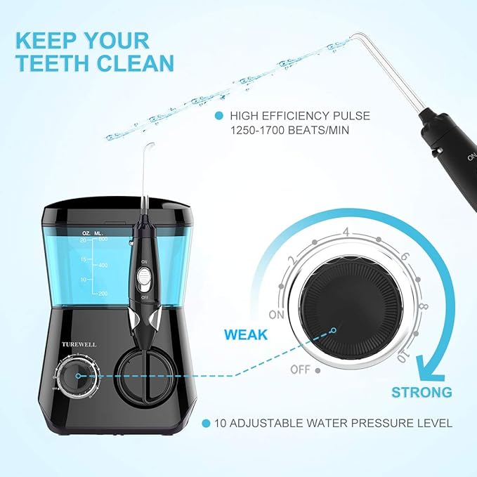 TUREWELL Water Flossing Oral Irrigator 600ML Dental Teeth Cleaner 10 Adjustable Pressure Electric Oral Flosser for Braces 8 Replacement Jet Tips for Family (Black)