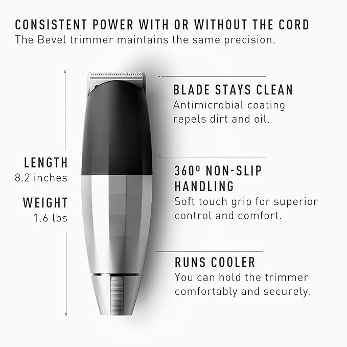 Bevel Beard Trimmer for Men - Cordless Trimmer 6 Hour Rechargeable Battery Life Tool Free Adjustable Zero Gapped Blade Barber Supplies Mustache Trimmer Silver