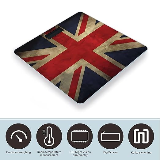 British Flag Scale for Body Weight Safe Rounded Corners Tempered Glass Digital Bathroom Scale LED Display 400lb Capacity Weight Scales with High Precision Sensors