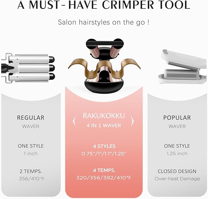 4-in-1 Hair Crimper - Adjustable Barrel for Different Wavy Looks - 3 Barrels Waver Hair Tool for Women (Healthy Ceramic Curling Dual Voltage 30s Fast Heating 4 Heat Setting Up to 410℉) Gold