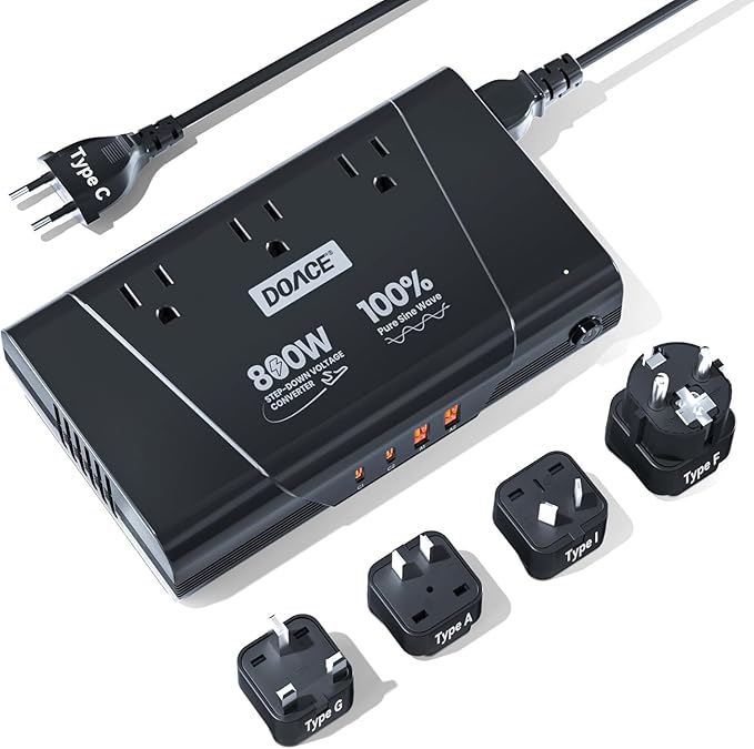 DOACE 800W Pure Sine Wave Voltage Converter US to Europe- 220V to 110V Converter for European Travel No Limitation Step Down Transformer w/ 35W PD for Hair Straightener Curler CPAP Laptop Cell Phone