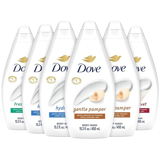 Dove Body Wash Variety 6-Pack – Hydrate Gentle Pamper Fresh Care and Silky Velvet 15.2 Oz Ea