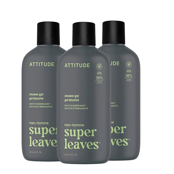 ATTITUDE Shower Gel Body Wash for Men 98% Natural Origin Ingredients Paraben &amp Phthalate Free EWG Verified Cleanses Without Drying Matcha &amp Bergamot 14 Fl Oz (Pack of 3)