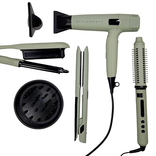 StyleCraft Sage Hair Styling Bundle - Lightweight Professional Hair Dryer Vibrating Flat Iron 2-in-1 Curling Wand &amp Styling Brush Triple Barrel Deep Waver - Tourmaline &amp Titanium Tools Holi