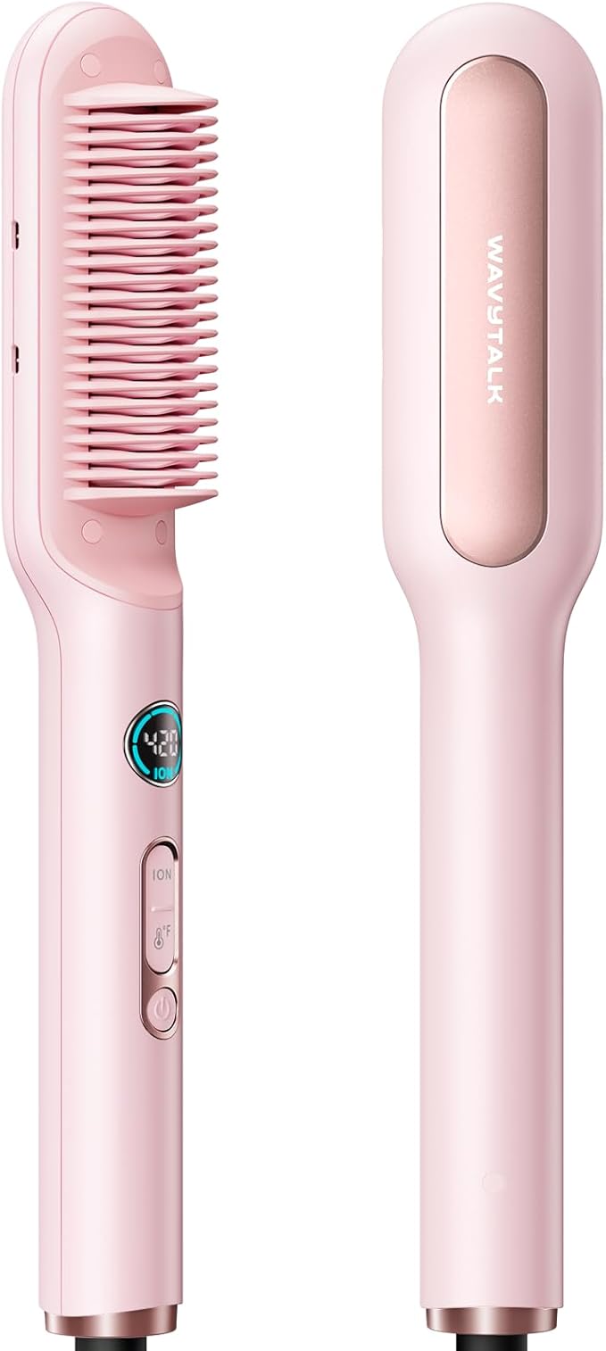 Wavytalk Hair Straightener Brush Sleek Sweep Ionic Straightening Brush Anti-Scald Ceramic Straightener Comb with LED Display for Super Smooth Hair Dual Voltage Pink.