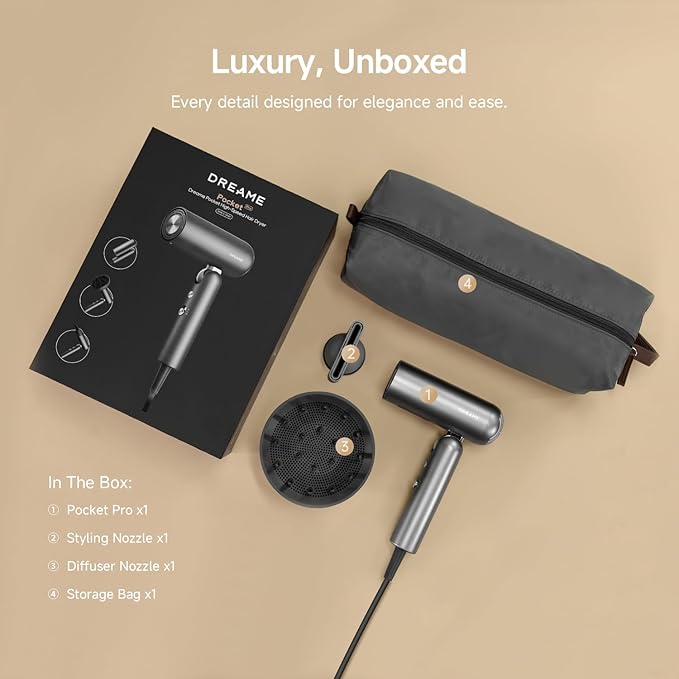 Dreame Pocket Pro Hair Dryer Dual Voltage Travel Blow Dryer with Diffuser 1300W Professional HighSpeed Ionic Hair Blower Fast Drying Low Noise Lightweight No Heat Damage Global Travel 120V/240V