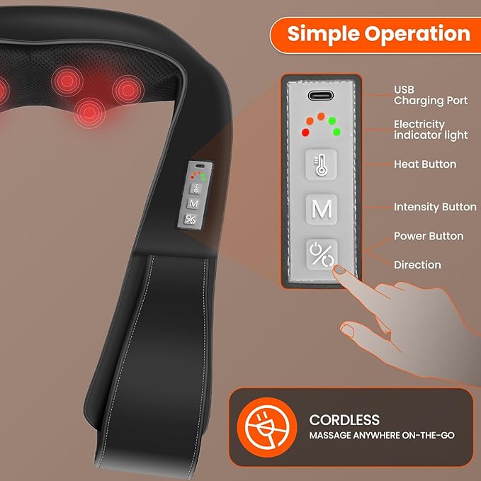 AMZPONY® Cordless Neck Massager for Pain Relief Deep Tissue Rechargeable Shiatsu Neck and Back Massager with Heat Kneading Shoulder Massage for Body Muscle Pain ReliefGifts for Mom Dad Friends
