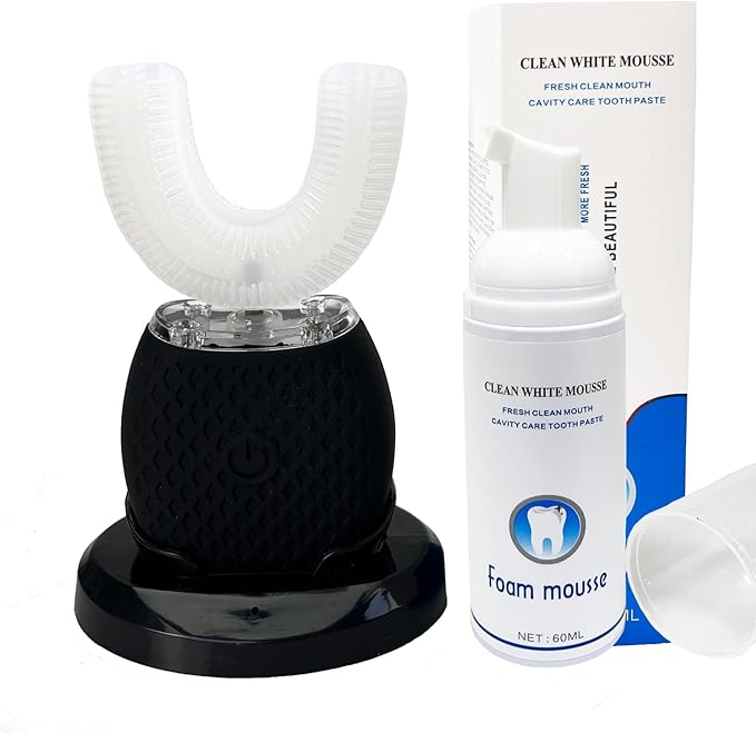 Ultrasonic Automatic Toothbrush for Adults U-Shaped 360° Electric Toothbrush for Teeth Whitening Rechargeable Ultrasonic Tooth Brush for Travel Home Dual-use (Black)