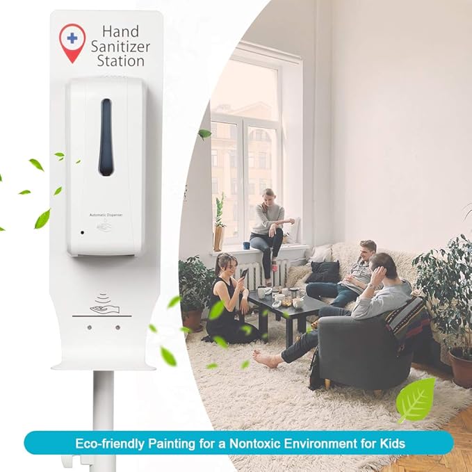 Standing Automatic Sanitizer Dispenser Movable Sanitizer Station with Height Adjustable Metal Stand and Refillable Canister Anti-Theft Design