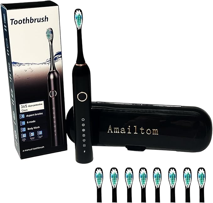 Amailtom Electric Toothbrush with Travel Case Sonic Type for Adults &amp Teens 6 Modes 40000 VPM Electric Motor IPX7 Waterproof 2 Minutes Timer