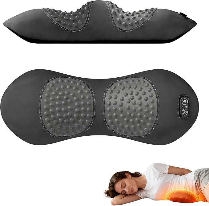 Portable 3-in-1 Rechargeable Pillow: Triple Fusion Back Massager Smooth Spine Massager Sciatica &amp Lumbar Massager with Heat Vibration Traction