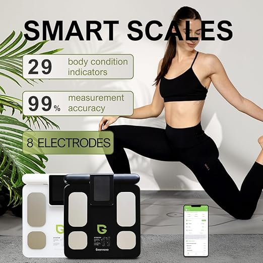 Fitness Body Fat Scales with Hand Sensors 8 Electrodes 29 Body Analysis 180kg Weight Scale Professional Body Fat and Muscle Mass Analyzer with App/Large Display (Black)