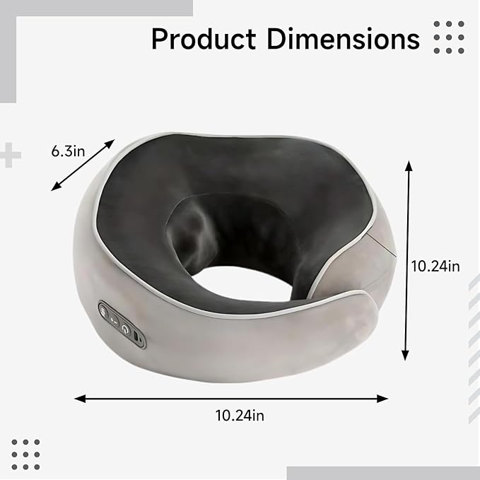 Gray Heated Massage Pillow for Neck Electric Shiatsu Cordless Massager 10.2 in / 26 Cm Size Velvet Memory Foam 4 Modes O-Shaped Travel-Friendly