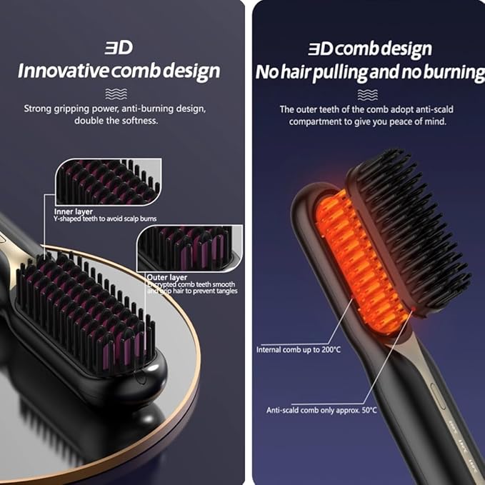 Cordless Hair Straightener with Detangling Brush Portable Hot Ionic Straightening Brush for Women (Black)