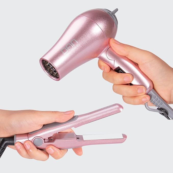 DAN Technology Flat Iron Blow Dryer Set Small Flat Irons with Travel case Concentrator Nozzle &amp EU Plug Adapter Dual Voltage &amp Folding Handle Pro Hair Dryer Set…