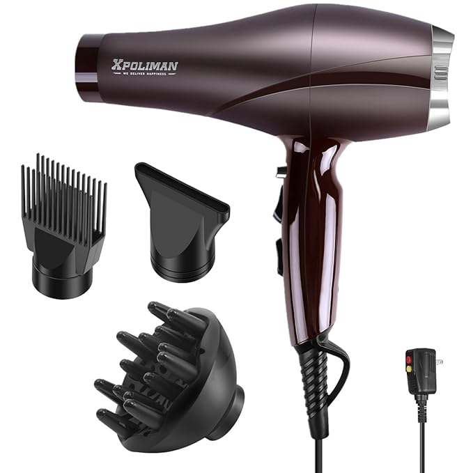 Xpoliman 2000 Watt Hair Dryer Negative Ionic Blow Dryer with Diffuser Concentrator Comb 2 Speed 3 Heat Settings Low Noise Long Life Style-Brown/Purple