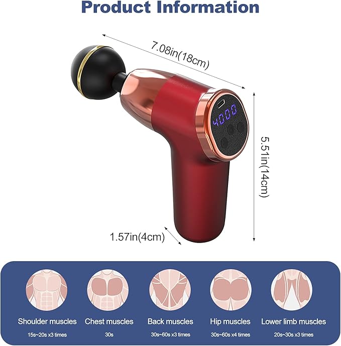 Ergocar Powerful Muscle Massage Gun Deep Tissue 20 Speeds Handheld Electric Body Massagers with 4 Heads Super Quiet Portable for Athletes Sedentary Office Worker Button Style-Red