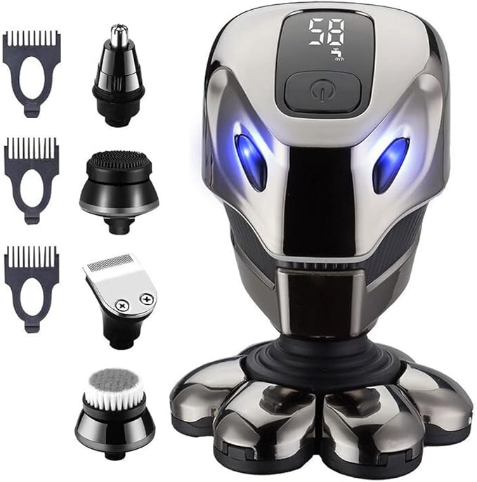 Head Shavers for Bald Men 6-in-1 Men Electric Razor Shaver Bald 7 Cutter Head Shaver Multifunctional Razor Alien Shape IPX6 Waterproof Grooming Kit