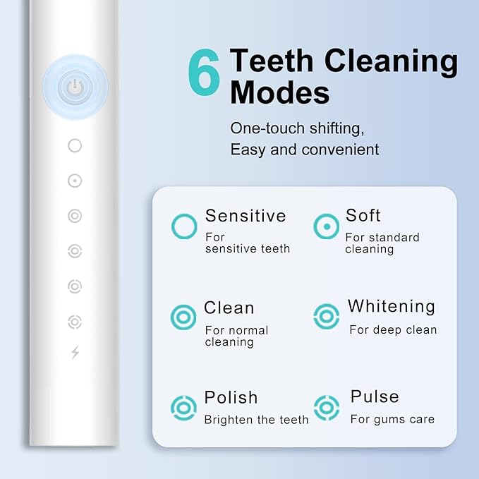 Electric Toothbrush for Adults Rechargeable Cordless Power Toothbrush with 6 Modes 4 Brush Heads 2-Min Timer Electric Tooth Brush Adult Black White Pink (White 1Handle 4Heads)