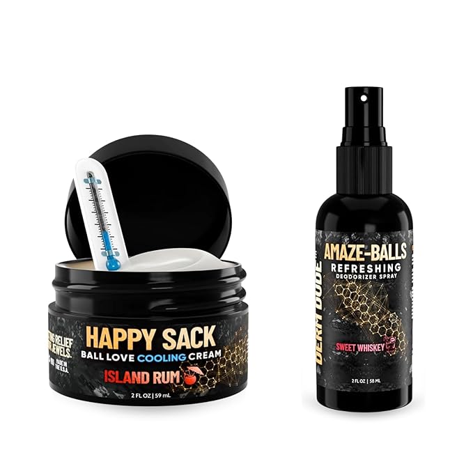 Derm Dude Below-the-Belt Deodorant Bundle | Happy Sack Anti-Chafing Cream 2oz + Amaze Ball Deodorant Spray 2oz | Groin &amp Sack Odor Control Sweat Protection Talc-Free Aluminum-Free with DeoPlex