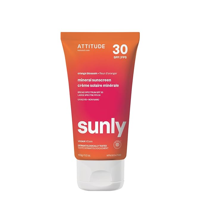 ATTITUDE Mineral Sunscreen with Zinc Oxide SPF 30 EWG Verified Broad Spectrum UVA/UVB Protection Dermatologically Tested Vegan Orange Blossom 5.2 Ounces