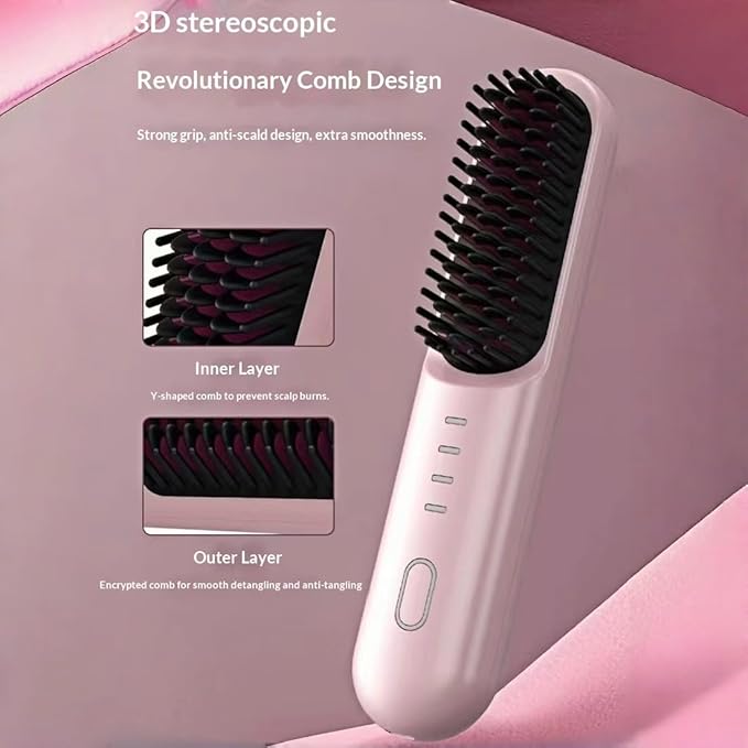 New Cordless Straightening Brush Fast Heating Ceramic Brush with 30s Fast Heat and 4 Temperature Settings Rechargeable Ionic &amp Ceramic Care (Beige)