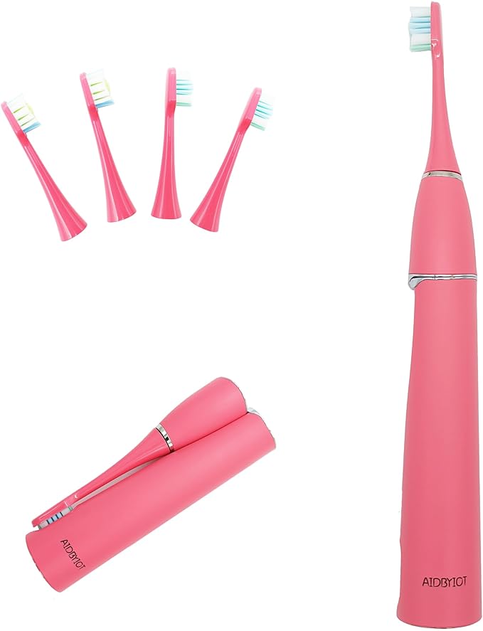 Folding Electric Toothbrush Pink Sonic Electric Self Cleaning Travel Rechargeable Portable.4 Brush Heads.