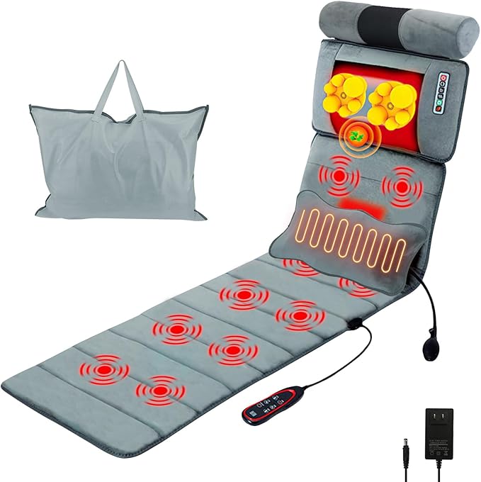 Full Body Electric Massage Mat with Heat 10 Vibration Motors 3 Timers Vibration Massage Pad for Bed Back Mattress Chair Pad with Neck Massager Lumbar Pillow