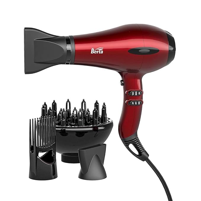 BERTA 1875W Powerful Negative Ions Hair Dryer Ceramic Professional Far Infrared Blow Dryer 2 Speeds 3 Heating Settings (3 Attachments)