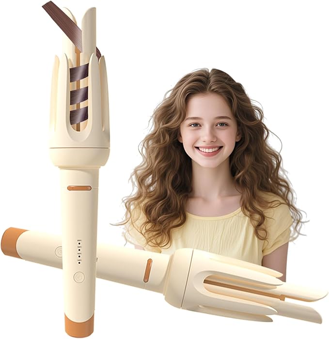 Automatic Curling Iron 1.25Inch Wave Curling Iron Fast Heating Hair Curling Wand with 3 Temp &amp LED Display 60Min Auto Shut-Off Anti-Scald Anti-Tangle Rotating Curling Irons for Hairstyle (Yell
