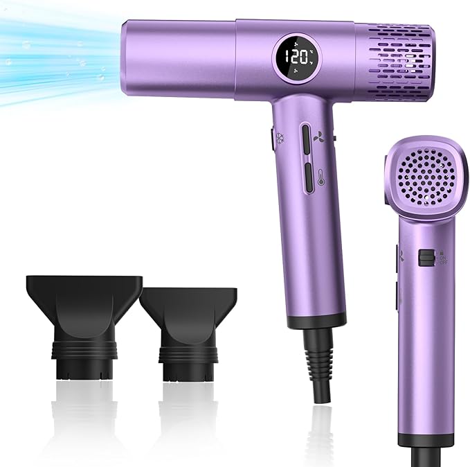Ionic Blow Dryer with Diffuser | 1400W Fast-Drying Hair Dryer with LED Display &amp Adjustable Heat Control | Quiet Lightweight Design for Travel and Home Salon (Purple)