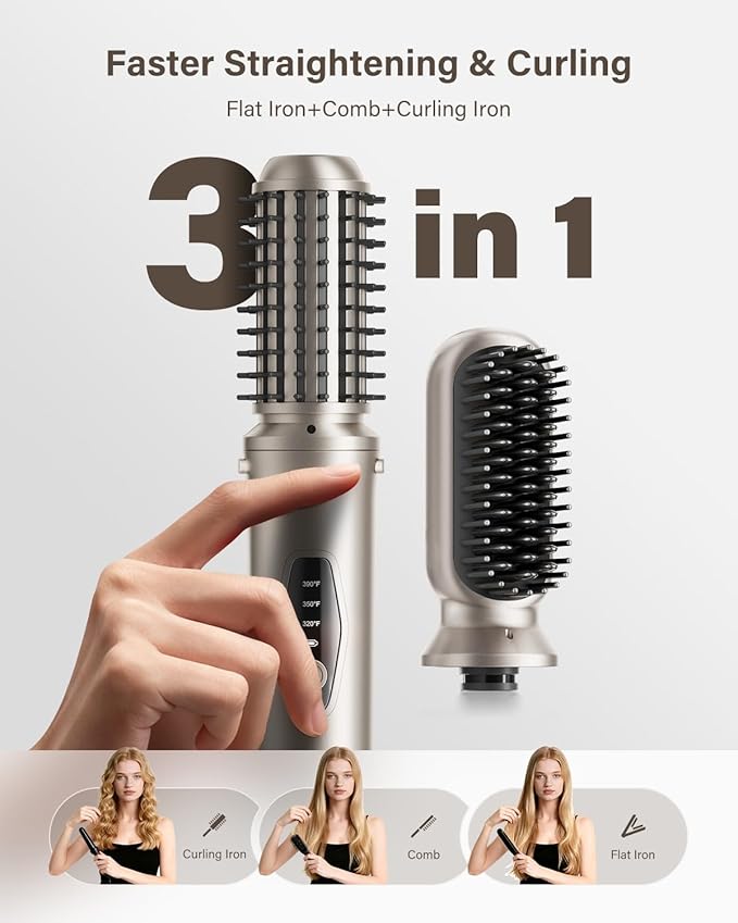 Cordless Hair Straightener Brush 2 in 1 Curling &amp Straightening Brush with 200 Million Negative Ions Mini Travel Hot Straightener Comb for Women Fast Heating &amp Dual Voltage