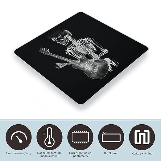 Abstract X-ray Skull Skeleton Playing Guitar Digital Bathroom Scale for Body Weight with High Precision Digital Weighing Scale with BMI Clear LCD Display and Step-On Measures Weight Up to 180kg