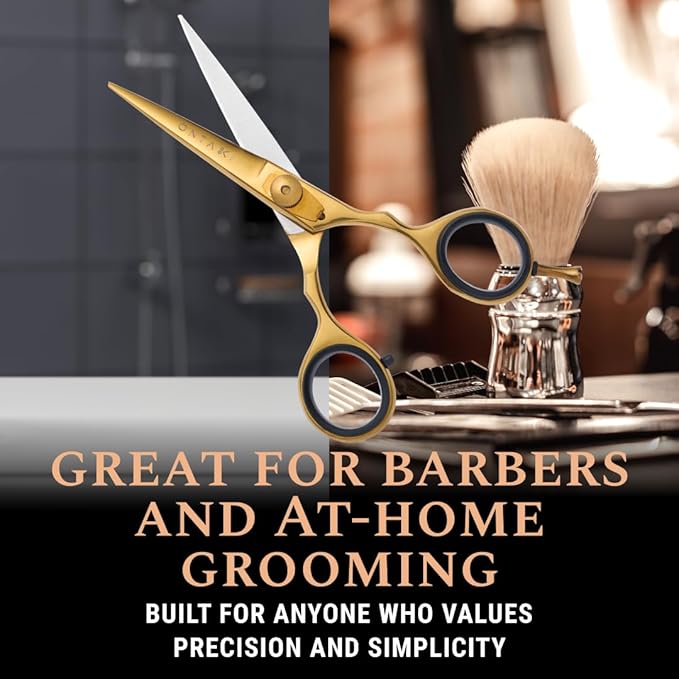Ontaki Beard &amp Mustache Scissors for Men - 5.5 Japanese Steel Gold Brass - Sharp Blades Ergonomic Finger Rest &amp Adjustable Tension Screw for Perfect Hair Trimming - Beard Scissors