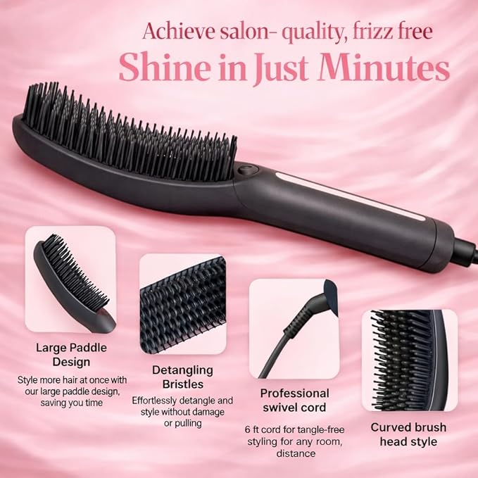 Speedy Precision Hair Straightener Brush Get Sleek Hair Literally in Minutes Clear LED Screen Display 170-430°F Remembers Favorite Temp. Curved Design for Scalp Comfort. Hot Air Release