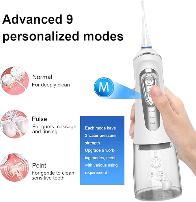 Water Flossers for Teeth CordlessOral Irrigator9 Cleaning Gears Adjustment4 Multifunctional Nozzles30-115psi2000mAh Lithium BatteryEffective Cleaning Teeth (White)