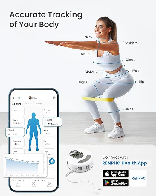 RENPHO Body Measuring Tape Bluetooth Smart Tape Measure with Lock Hook &amp Retractable Function Accurate Body Fat Measurement Device for Weight Loss Muscle Gain Fitness Bodybuilding 60in /150cm