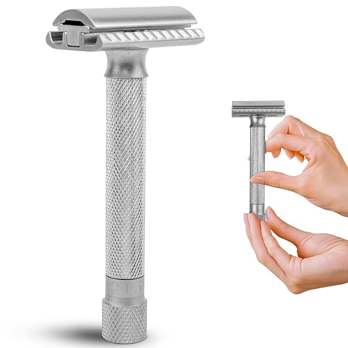 Parker THE VARIANT CLOSED COMB - ADJUSTABLE Double Edge Safety Razor Customize your Shave with a Turn of the Dial from Mild to Aggressive - 5 Blades Included (SATIN CHROME)