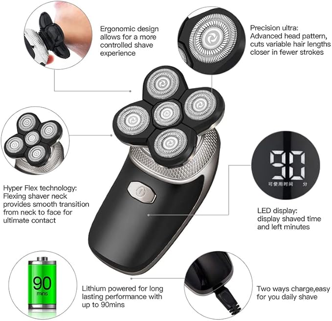 Head Shavers for Bald Men 5D Floating Heads Electric Shaver 5 in 1 Rechargeable Razors Hair Clipper Nose Ear Hair Trimmer Men Facial Cleaning Brush