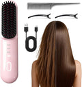 GO Brush - Pro for Short Hair Cordless Straightening Brush with 30s Fast Heat 3 Temperature Settings Ionic &amp Ceramic Care Portable Mini Hair Brushs for Frizz-Free Styling (Pink)