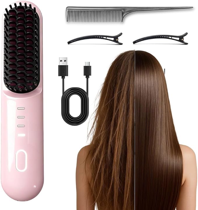 GO Brush - Pro for Short Hair Cordless Straightening Brush with 30s Fast Heat 3 Temperature Settings Ionic &amp Ceramic Care Portable Mini Hair Brushs for Frizz-Free Styling (Pink)