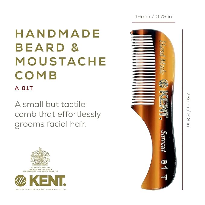 Kent Beard &amp Mustache Set - BRD5 Horse Hair + Nylon Bristle Brush 81T + FOT Handmade Sawcut Combs Pistol-Grip Wood Handle Dry/Wet Use Distributes Oils &amp Balms - Full Grooming Kit for Men