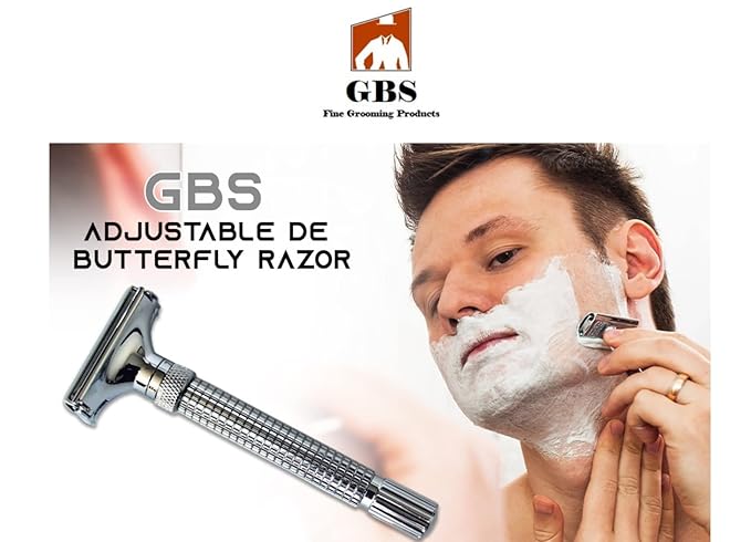G.B.S Adjustable DE Butterfly Shaving Razor Stainless Steel Knurled Handle and 120 Count Double Edge Safety Razor Blade Variety Pack