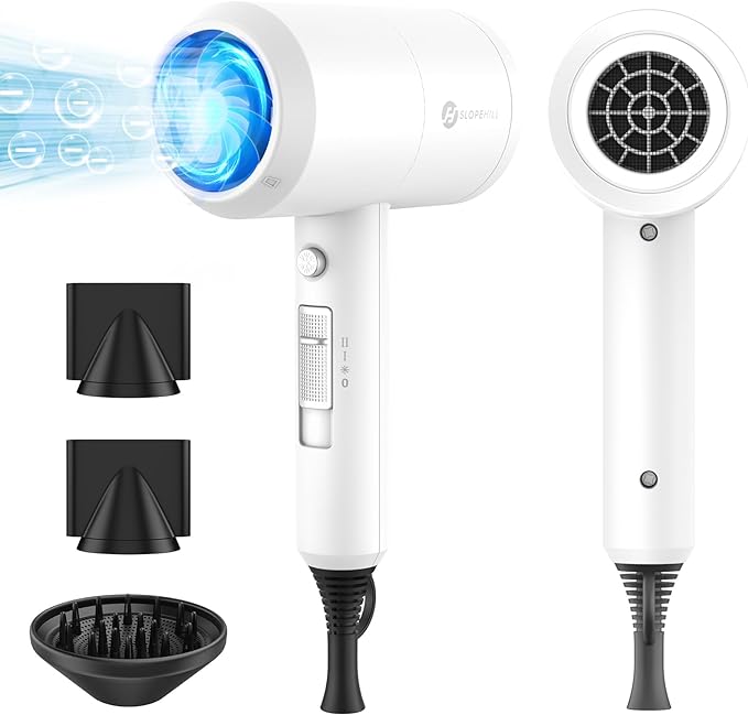 Slopehill Professional Ionic Hair Dryer Powerful 1800W Fast Drying Low Noise Blow Dryer with 2 Concentrator Nozzle 1 Diffuser Attachments for Home Salon Travel (White)