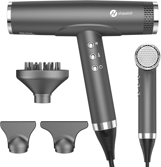 slopehill Professional Ionic Hair Dryer with Diffuser - Lightweight Compact Powerful &amp Fast Salon Blow Dryer with High Speed Brushless Motor for Travel Women &amp Men (Ceramic Dark)