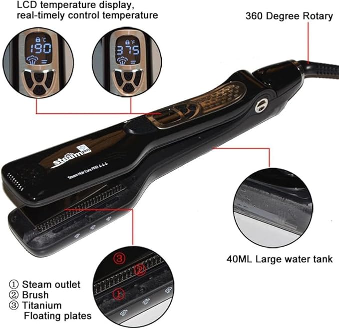 SteamPlus Professional Steam Hair Straightener with LCD Display White and Black 6 Steam Vents Detachable Guide Comb Temperature Control Ceramic Plates (Black)